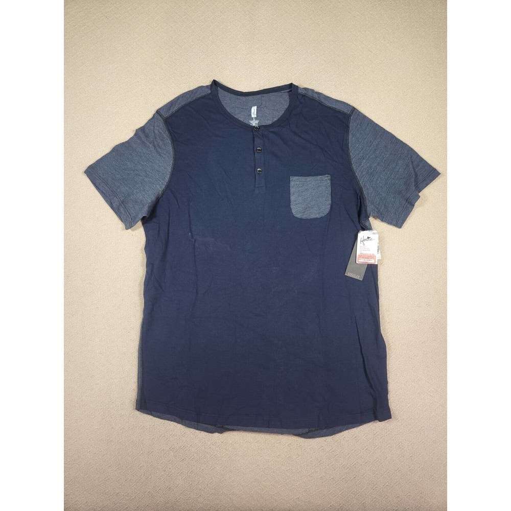 Howe Shirt Mens Large L Henley Button Blue Polyester Stretch Pocket Modern NWT